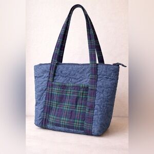 Handmade Quilted Plaid Tote Bag Blue Patchwork Fabric Shoulder Bag Cottagecore
